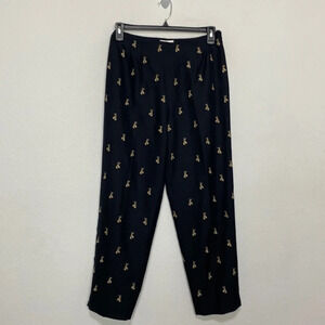 Talbots Black & Tan High Rise 100% Silk Embroidered Ankle Length Trousers Sz 10